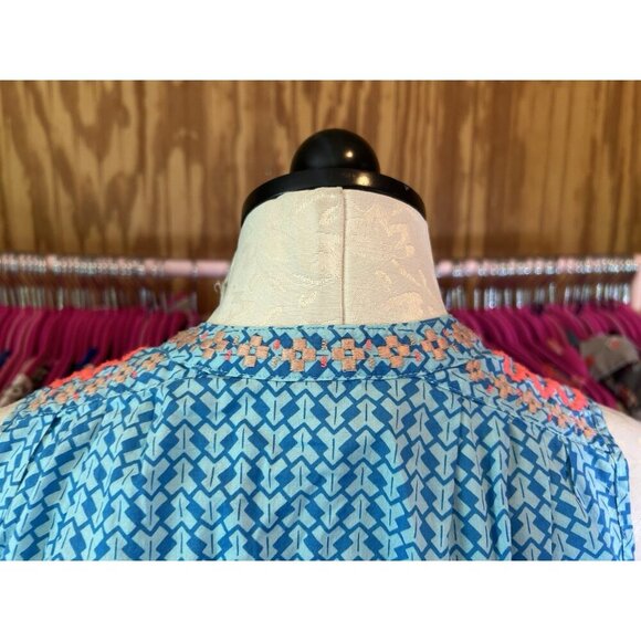 J Crew Blue Aztec Neon Orange Embroidered Tassel Sleeveless Top Sz 0 Boho - Picture 7 of 10